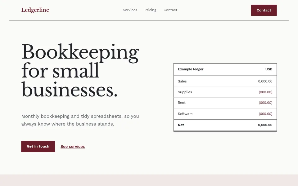 Style example: classic serif bookkeeping landing page with an example ledger table and the headline “Bookkeeping for small businesses.”