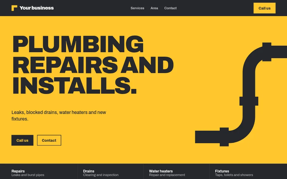 Style example: bold plumbing landing page in safety yellow with a pipe illustration and the headline “Plumbing repairs and installs.”